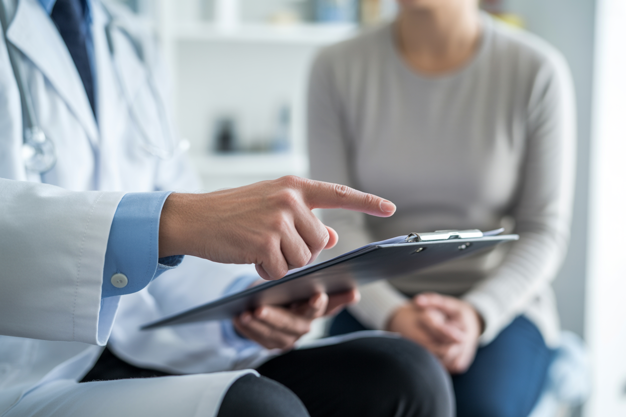 A doctor's hands are shown close-up, pointing to a clipboard while explaining a treatment plan to a patient who is out of focus, symbolizing professional guidance and support in a clinical setting.