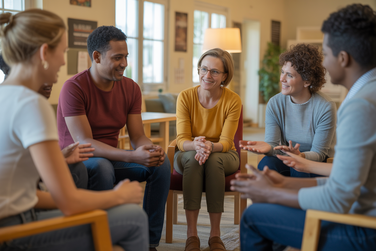 A diverse group of people in a supportive group therapy session in a sunlit room.