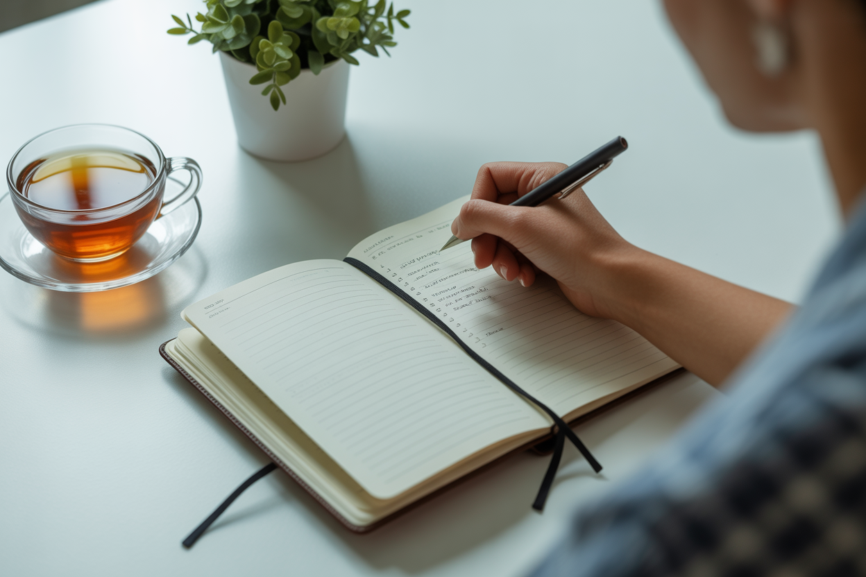 A person writing an aftercare plan in a journal at a well-lit desk.