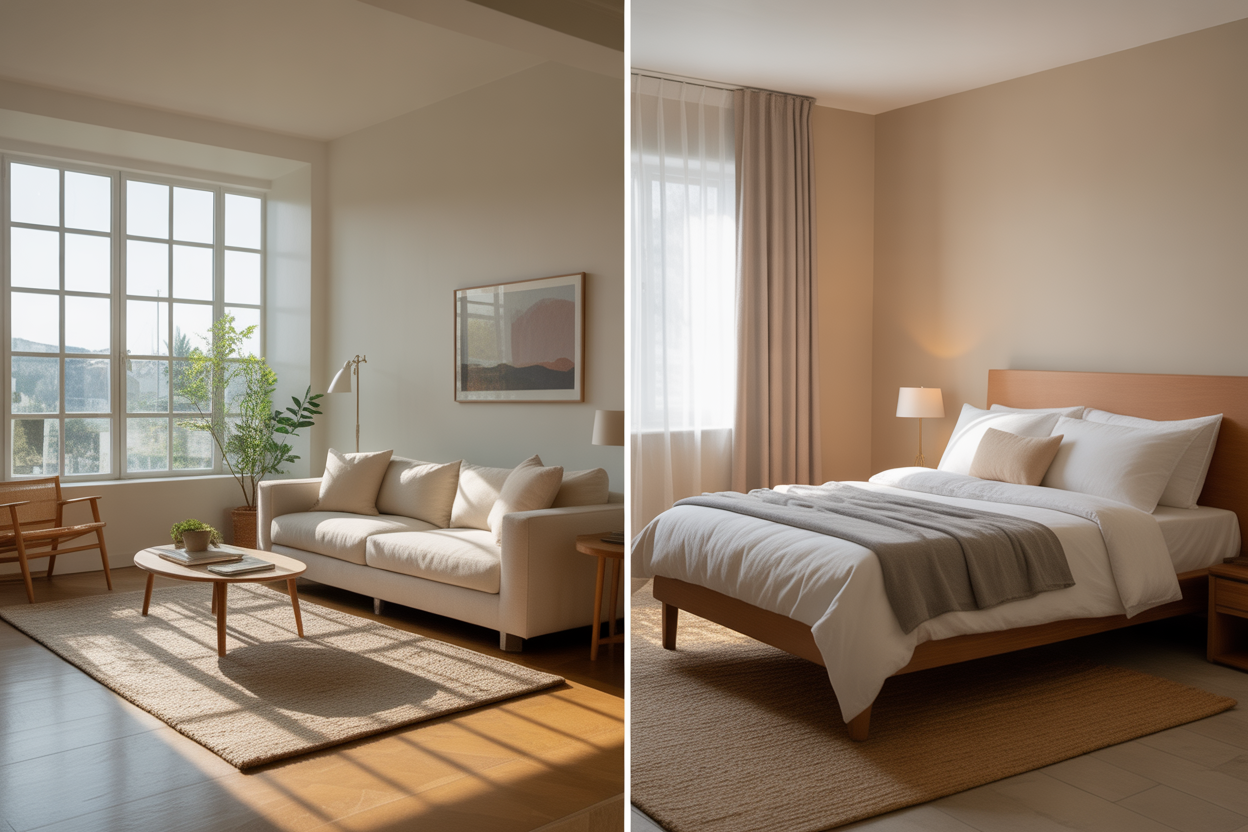 A split-screen image showing a comfortable living room on the left and a serene room in a residential facility on the right, representing the different living environments of IOP and inpatient treatment.