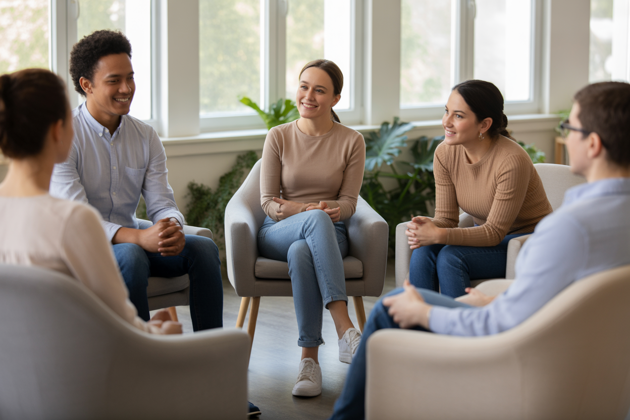 A diverse group of people sitting in a circle during a supportive group therapy session in a bright, modern room.