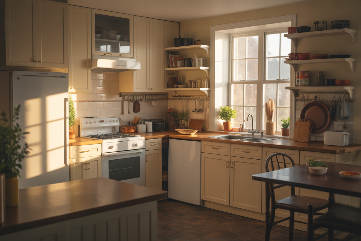 A clean and welcoming kitchen in a sober living home with sunlight shining in.
