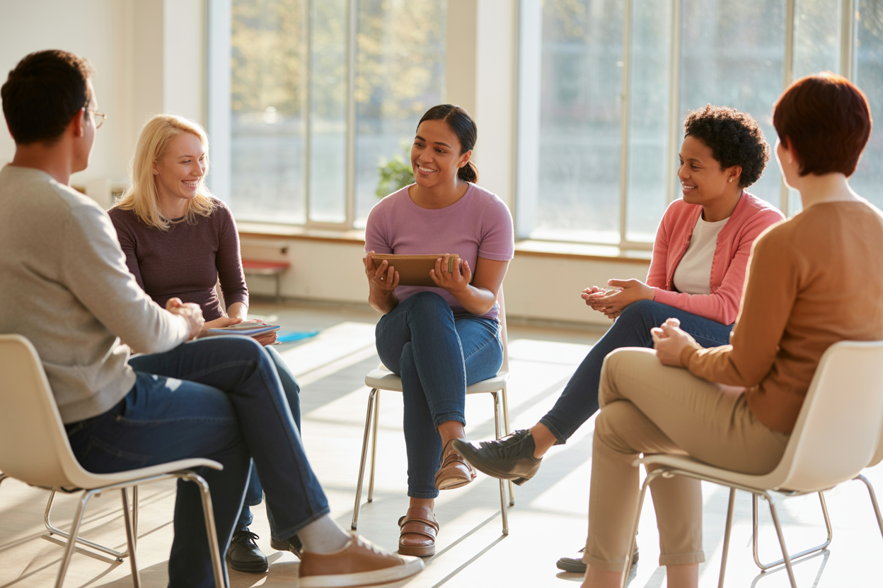 A diverse group of people in a support group meeting, sitting in a circle and talking.