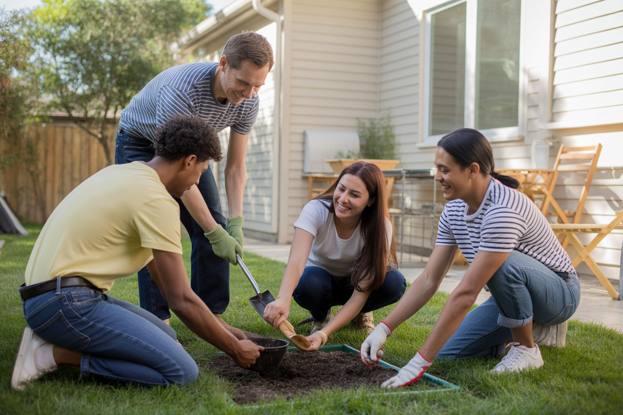A group of diverse friends enjoying a sunny day in the backyard, representing community in recovery.