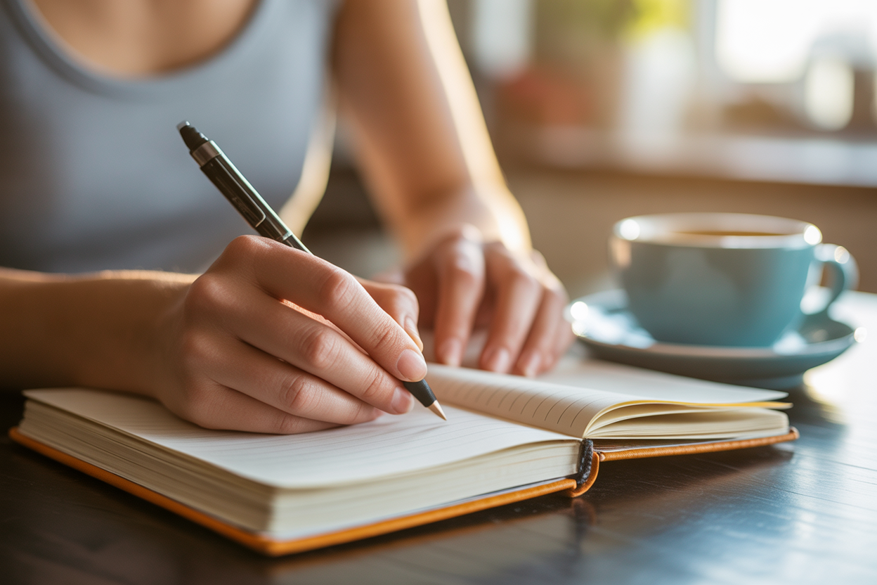 A person writing in a journal at a sunlit kitchen table, symbolizing personal growth and recovery at home.