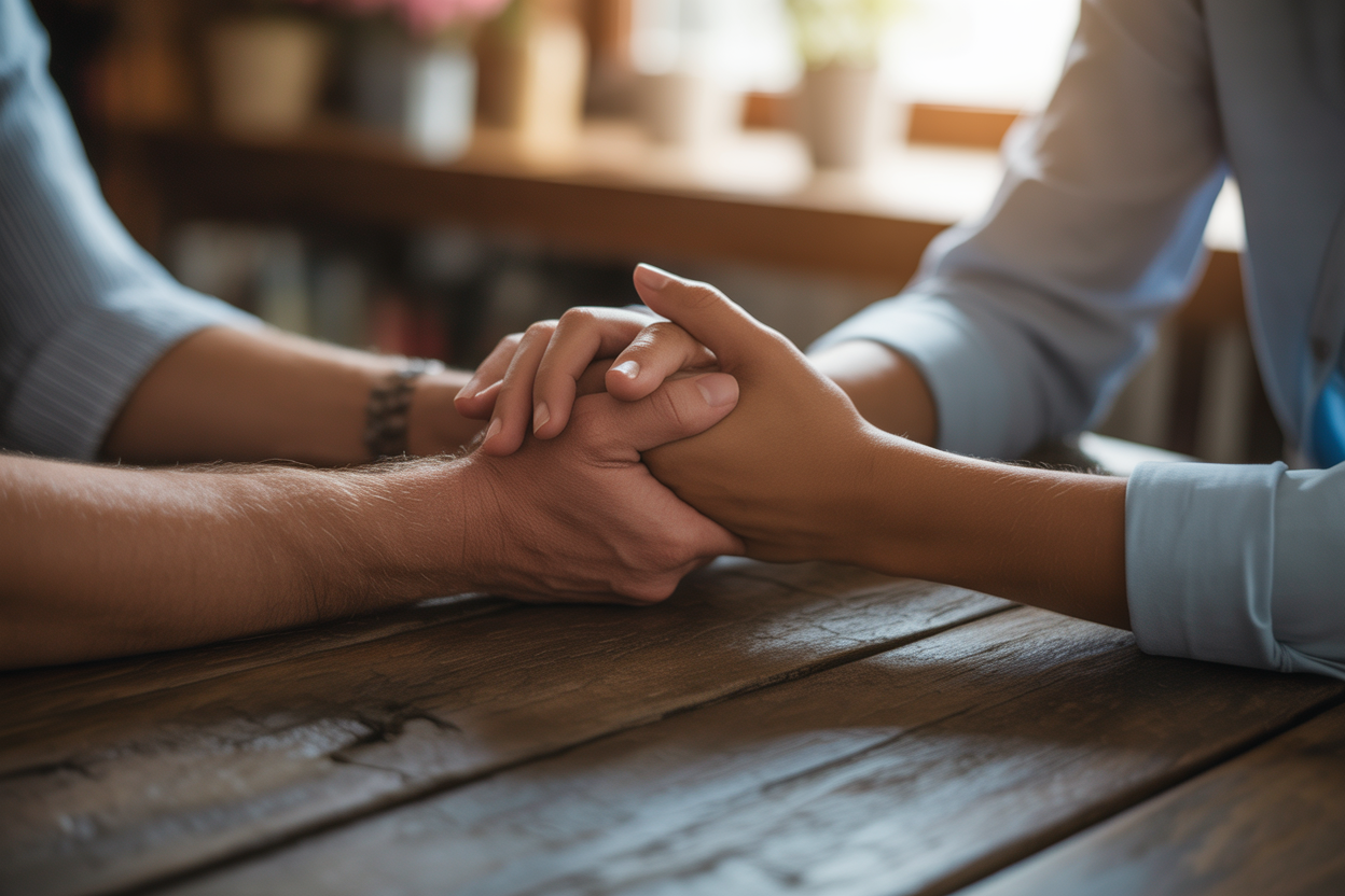 Two hands clasped in a supportive gesture across a wooden table.